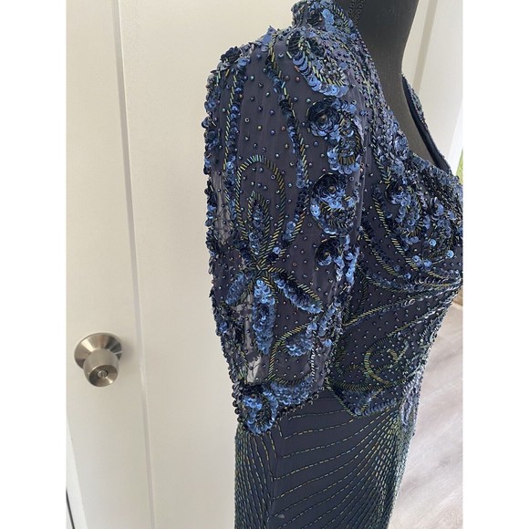 Vtg Alyce Flapper Art Deco 100% silk Navy beaded Pageant gown, Open Back Size 4 - Picture 4 of 12
